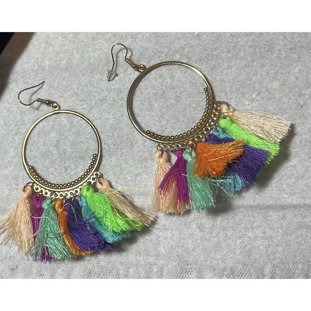 Honbay Women Colorful Bohemian Big Circle‎ Fan Shape Tassel Earring Fashion